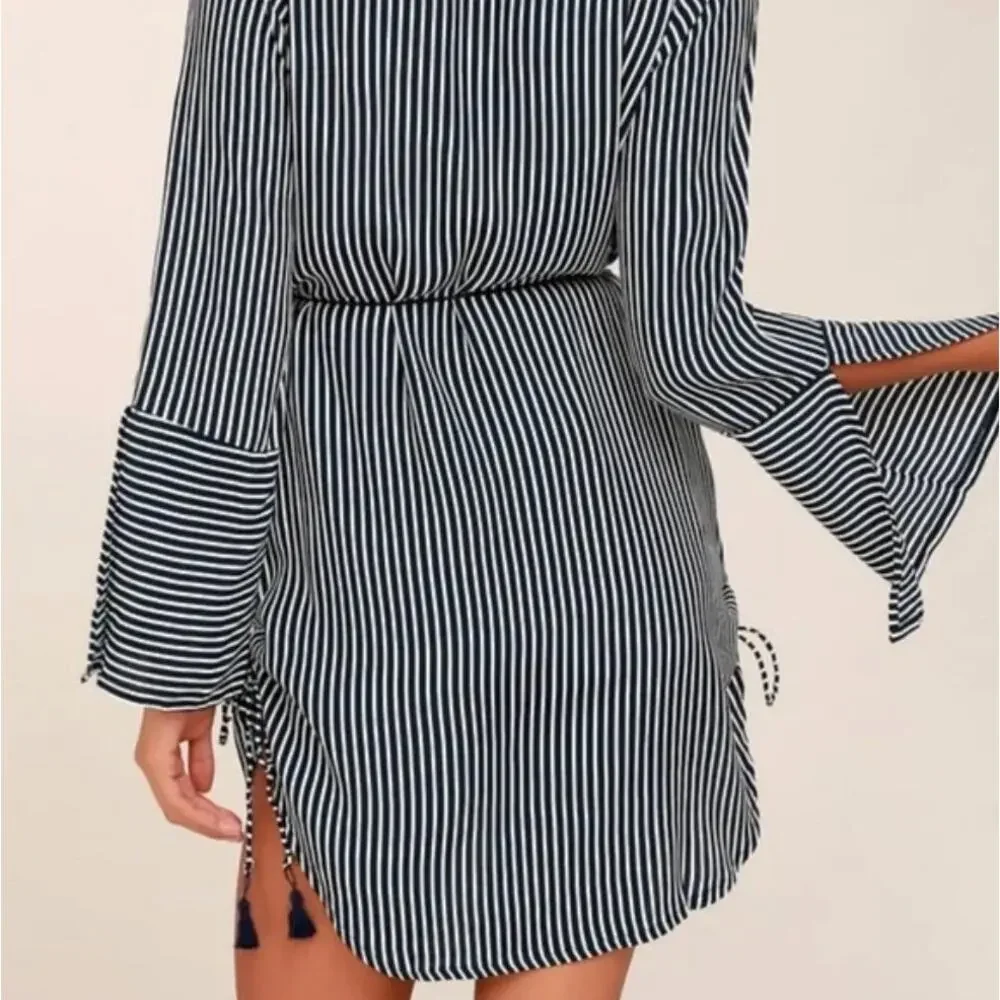 FAITHFULL THE BRAND Neroli Navy Blue Striped Long Sleeve Dress Tassel {TT35} - Picture 3 of 7